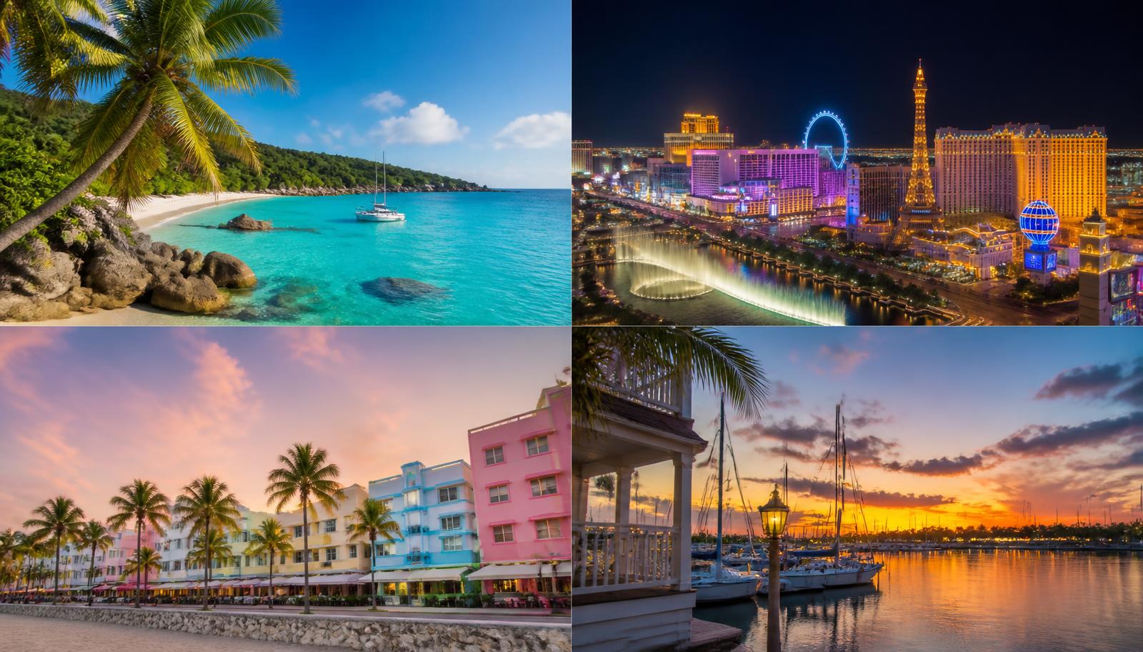Four-panel collage of Memorial Day weekend destinations: a turquoise Caribbean cove, the neon Las Vegas skyline at night, pastel Miami Art Deco buildings at dusk, and a Key West marina at sunset