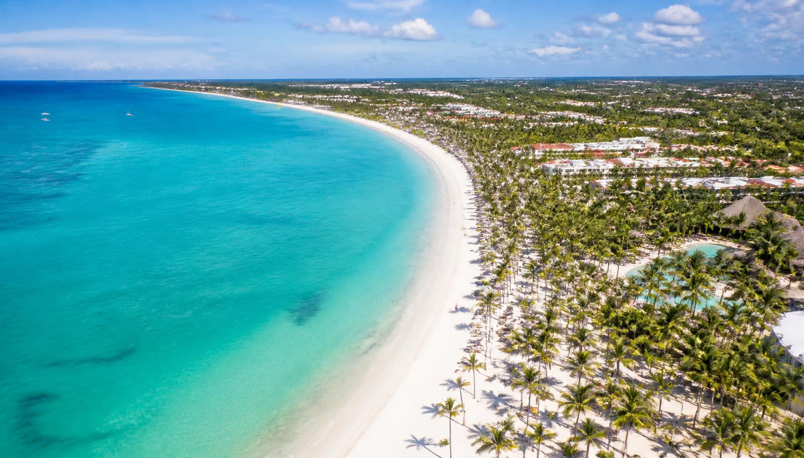 Aerial view of Bávaro Beach in Punta Cana with turquoise water, white sand, and rows of coconut palms