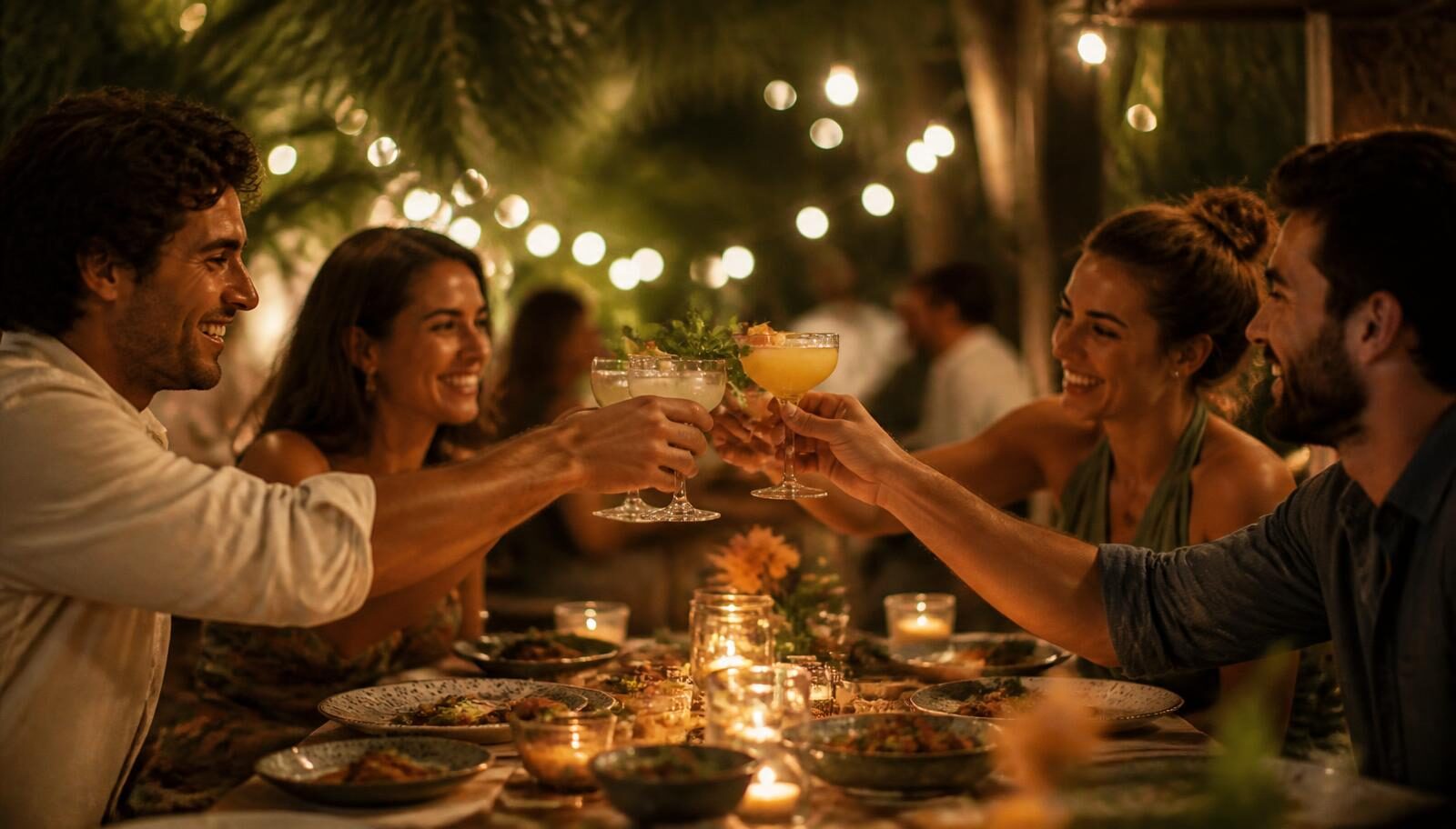 Friends toasting with cocktails at a candlelit tropical dinner table