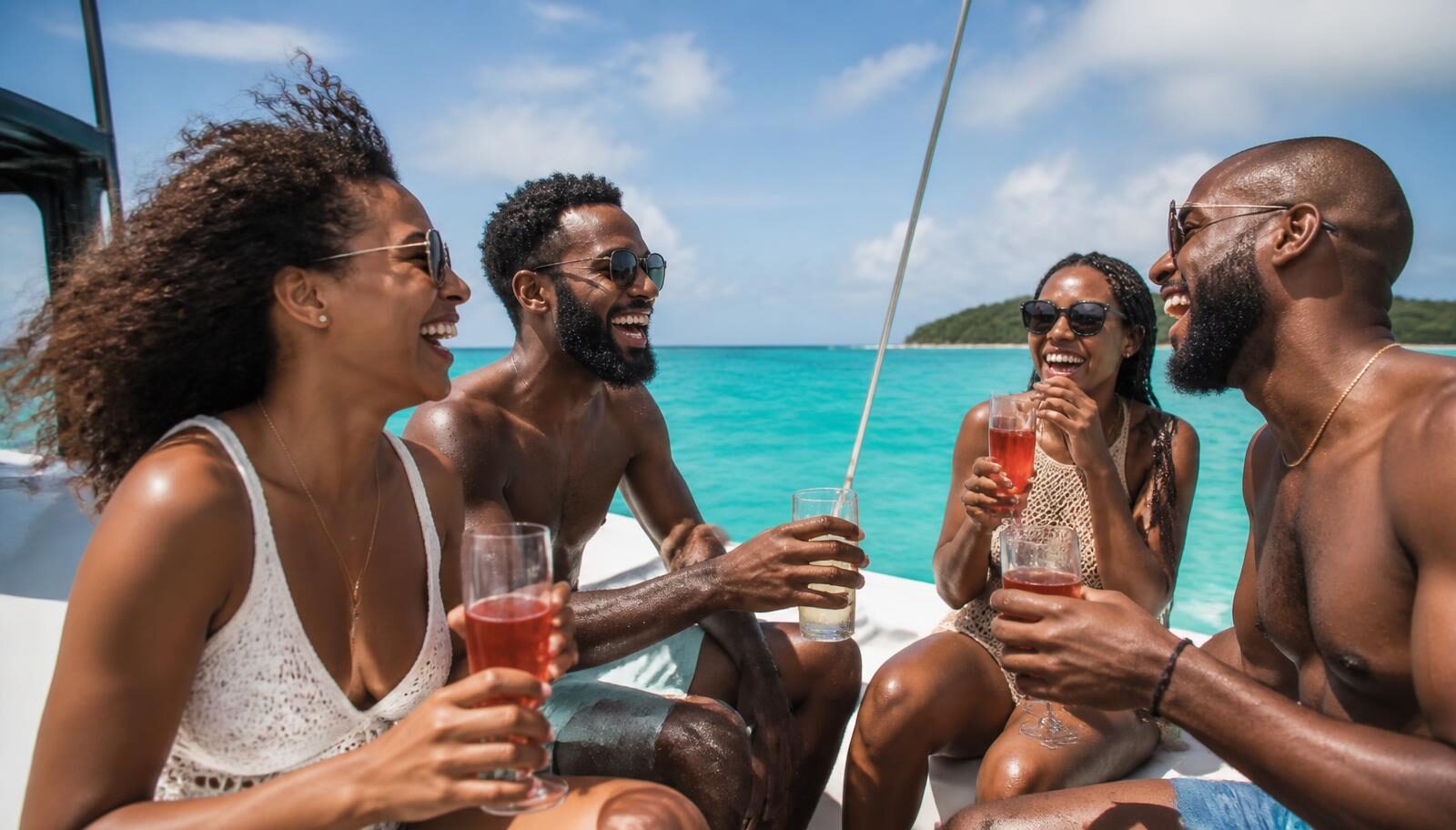 Black friends relaxing together in a tropical resort pool