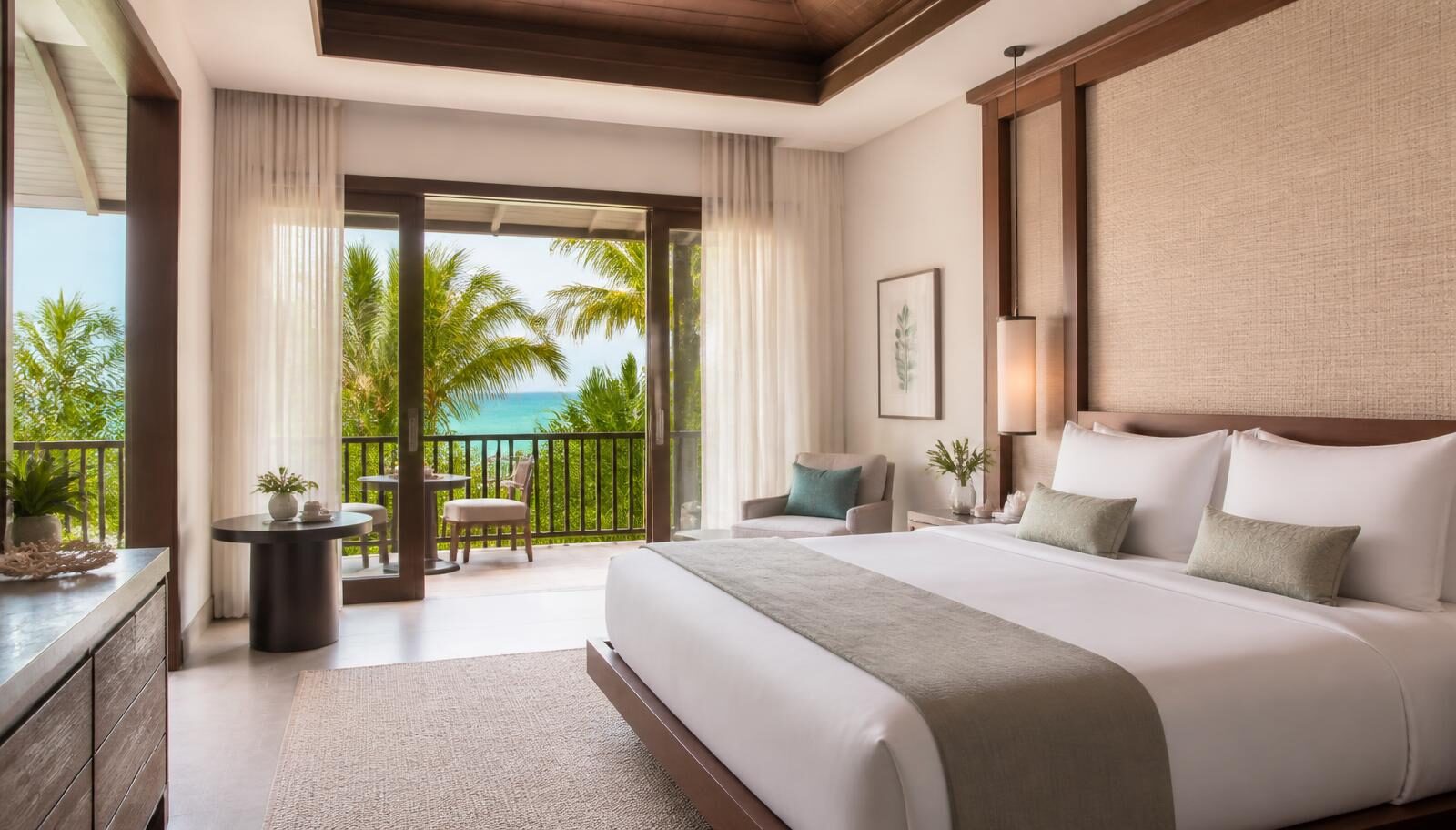 A tropical resort pool deck with cabanas and guests relaxing in the afternoon