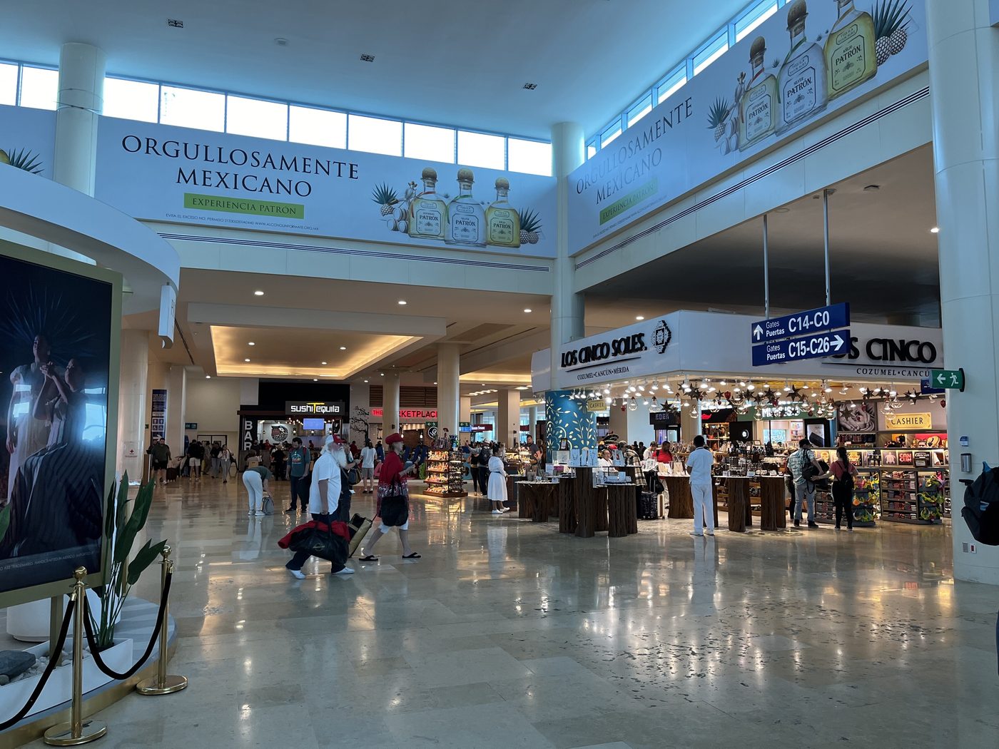 Travellers with luggage in an airport check-in and departures hall