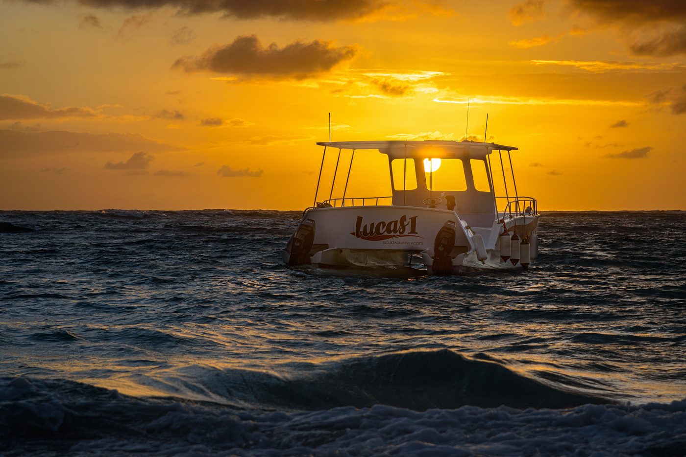 Catamaran with a small group sailing coast