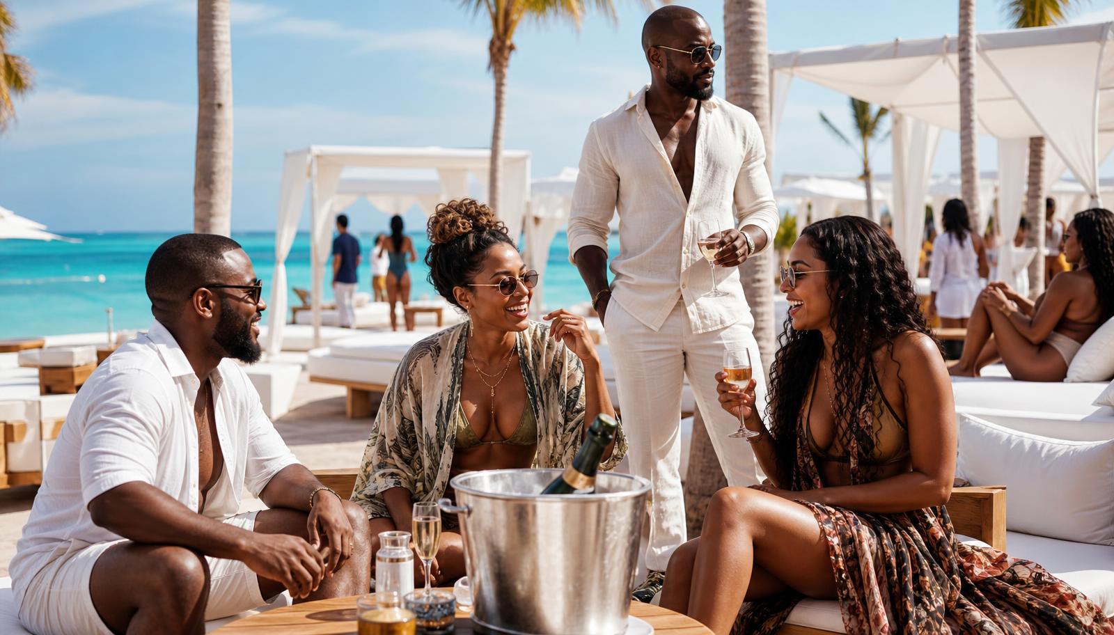 Friends enjoying tropical cocktails at an upscale beach club by the ocean