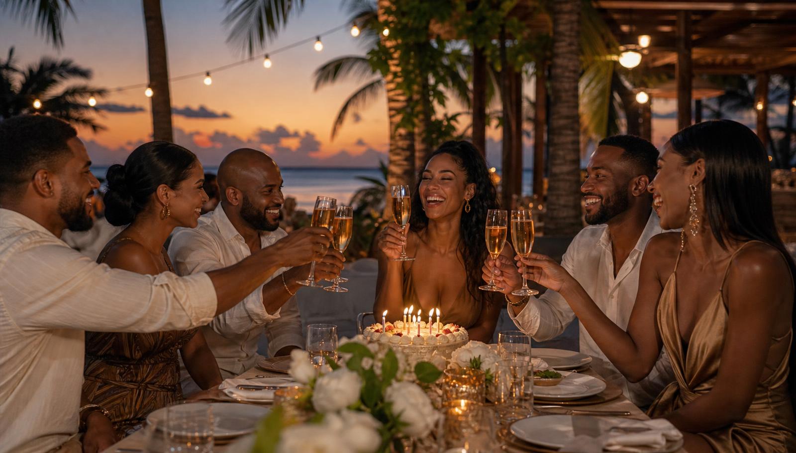 Dressed-up friends celebrating a birthday dinner with cocktails at an upscale restaurant