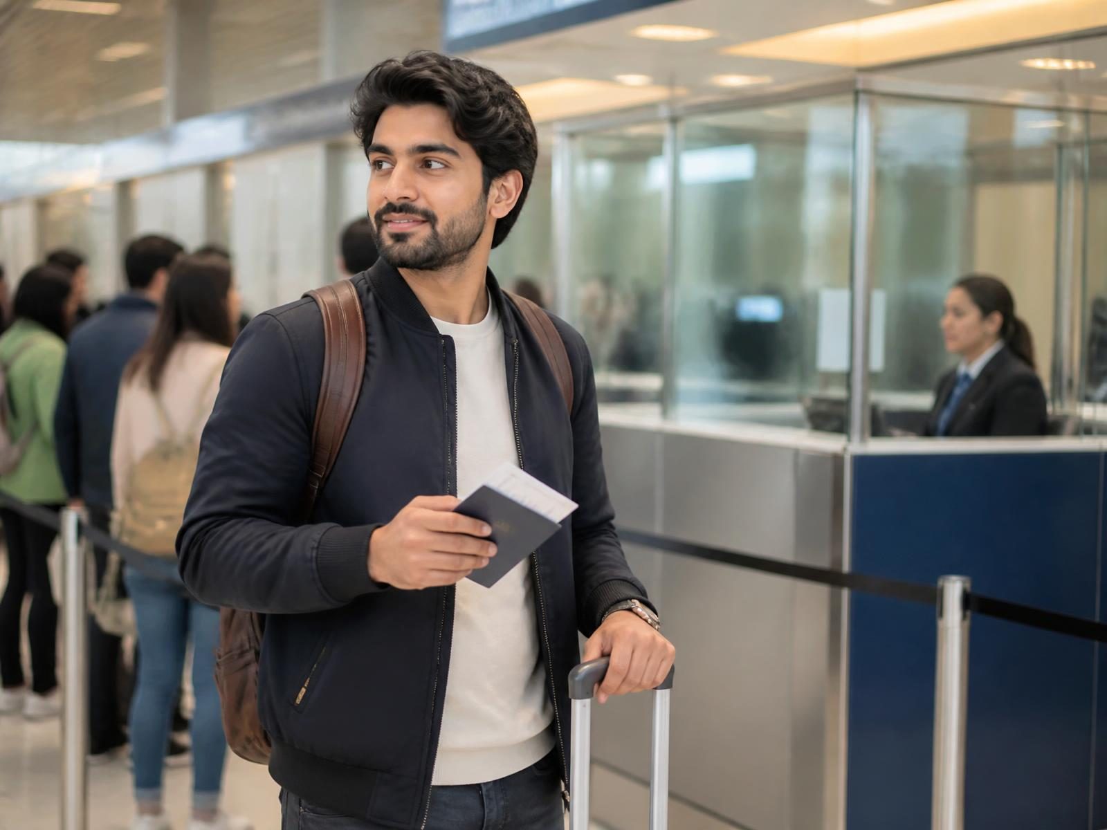 An adult international traveler holding a passport and entry documents while waiting at an airport immigration checkpoint