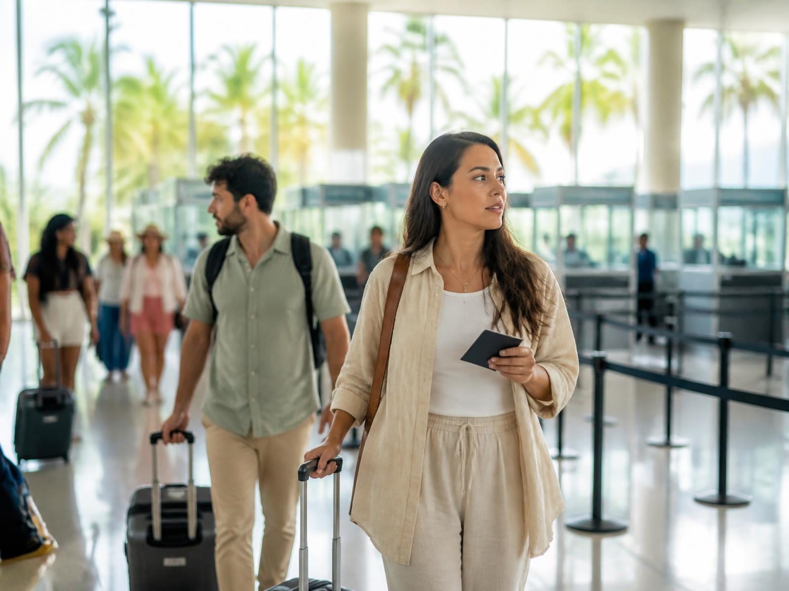 Adult travelers with carry-on luggage walking toward passport control in the international arrivals hall at Cancun International Airport