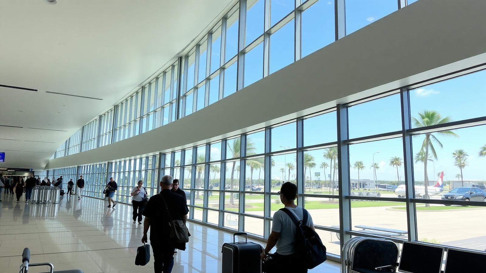 Bright airport terminal interior with tropical palms visible outside