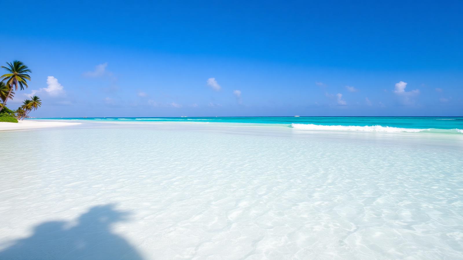 Pristine Cancun beach with turquoise water, powdery white sand and palm trees
