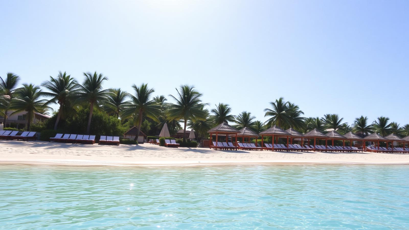Sunny Cancun beach with palm trees and turquoise water on a clear ideal-weather day