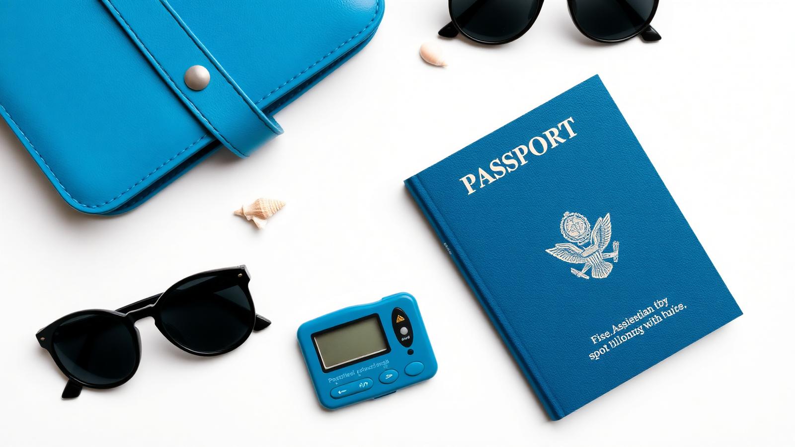Travel wallet, sunglasses and passport arranged for a Cancun vacation budget planning flat lay
