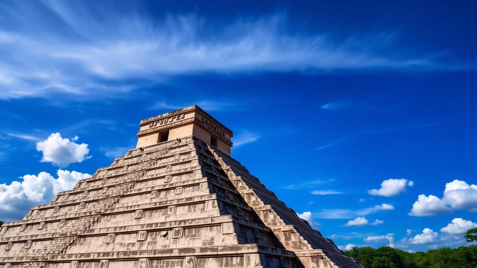 Ancient Mayan pyramid at Chichen Itza with dramatic blue sky, a top Cancun day trip