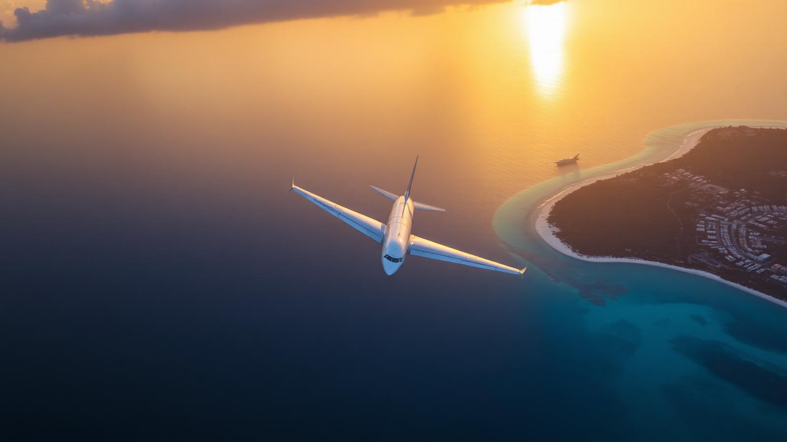 Passenger jet flying over Caribbean water toward Cancun at sunset