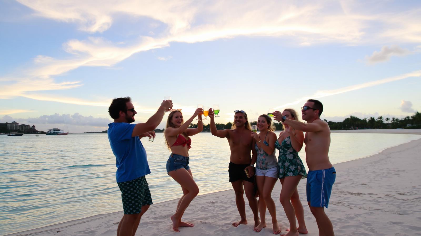 Group of friends celebrating on a Caribbean beach at sunset with drinks raised