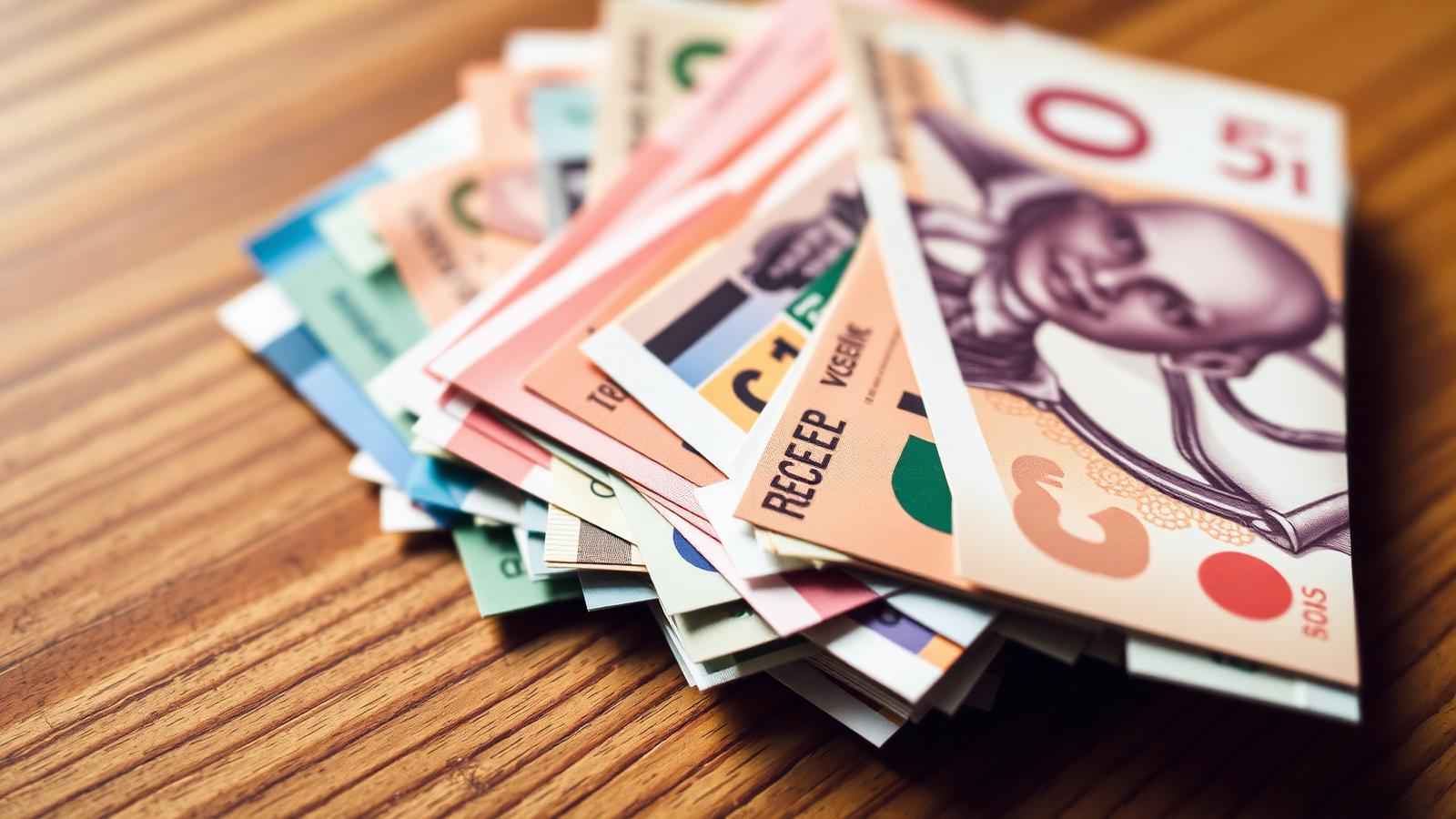 Colorful international banknotes fanned out on a wooden surface for Cancun spending planning