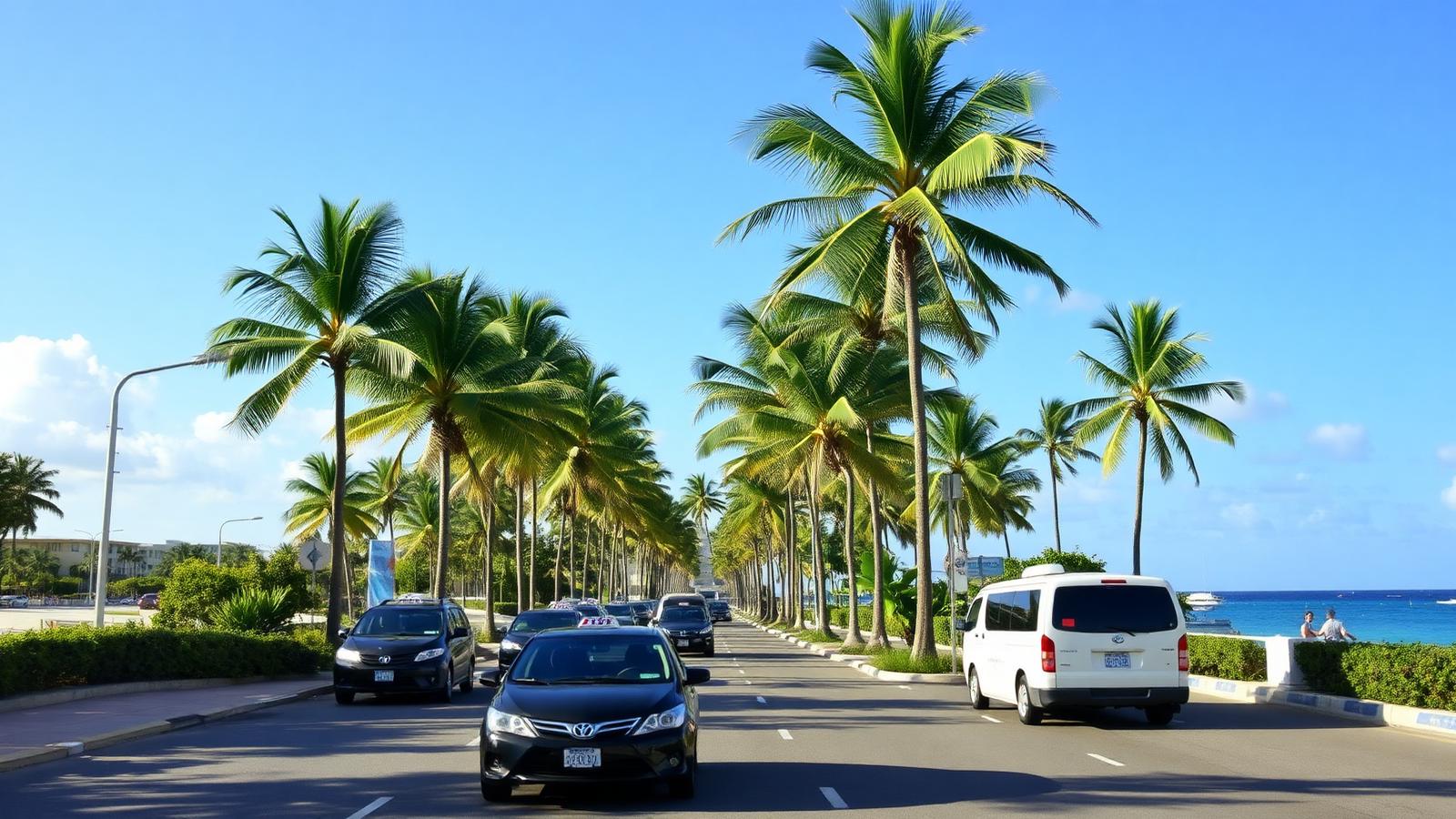 Palm-lined Hotel Zone boulevard in Cancun with taxis and shuttle vans on a sunny day