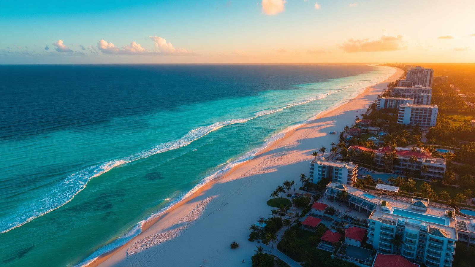 Aerial view of Cancun Hotel Zone beach at golden hour with turquoise Caribbean water and resorts