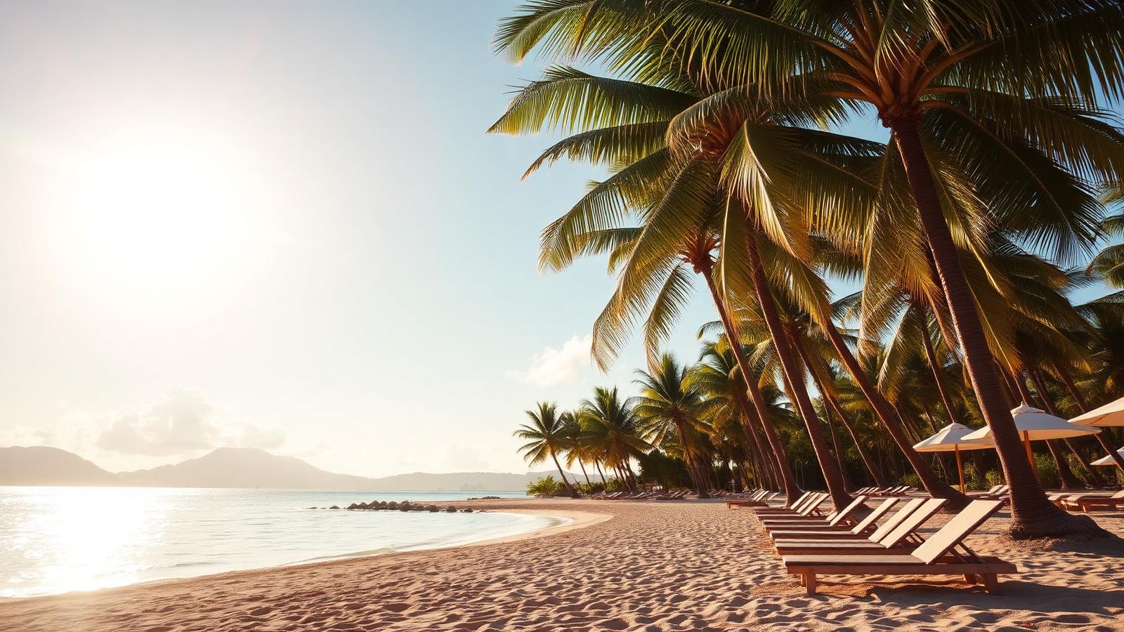 Golden October afternoon on a tropical Caribbean beach with palm trees and empty loungers