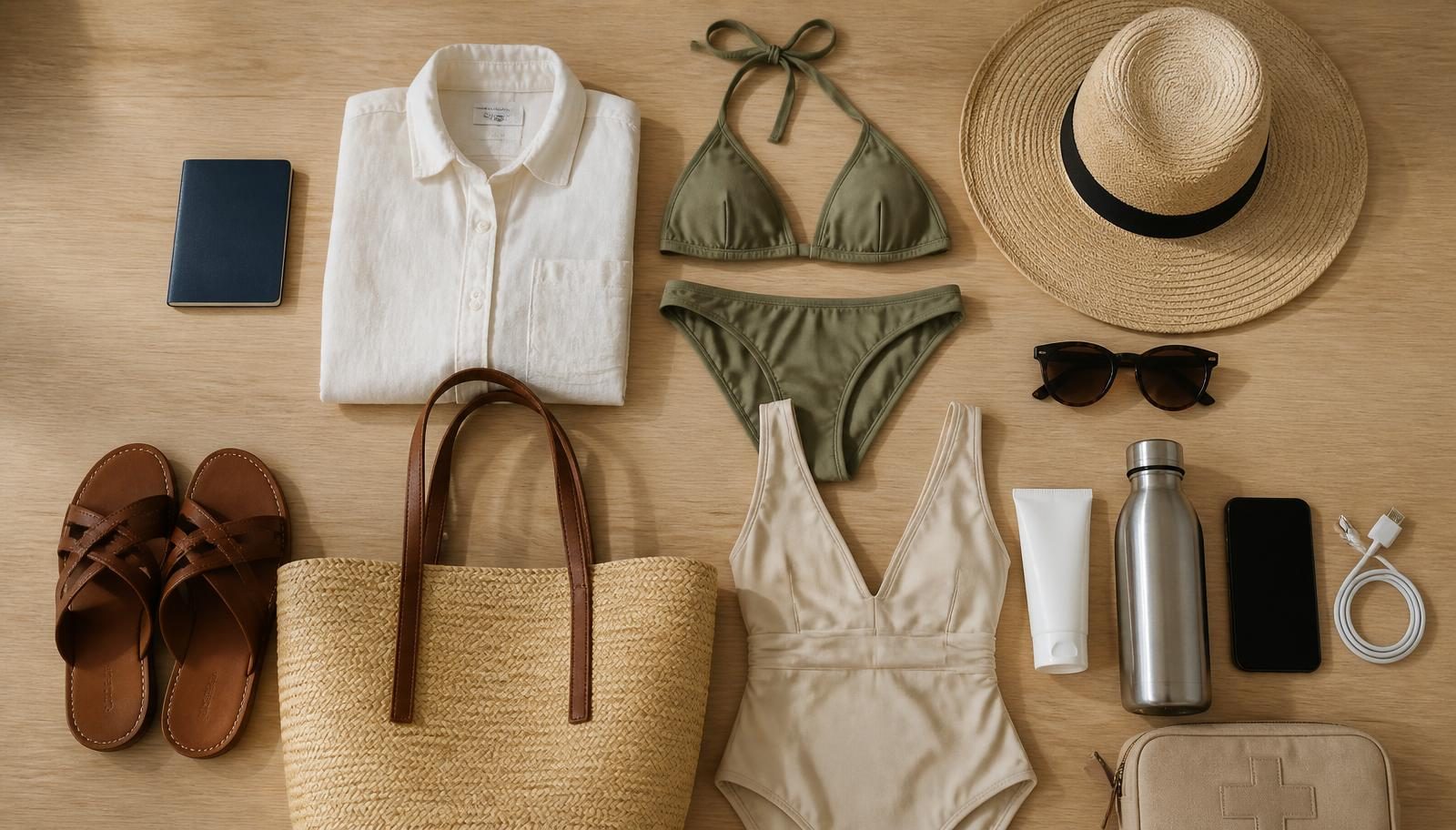 Overhead flat lay of Cancun vacation packing essentials on light oak: passport, linen shirt, swimsuits, sun hat, sunglasses, sunscreen, sandals, straw tote, water bottle and phone charger