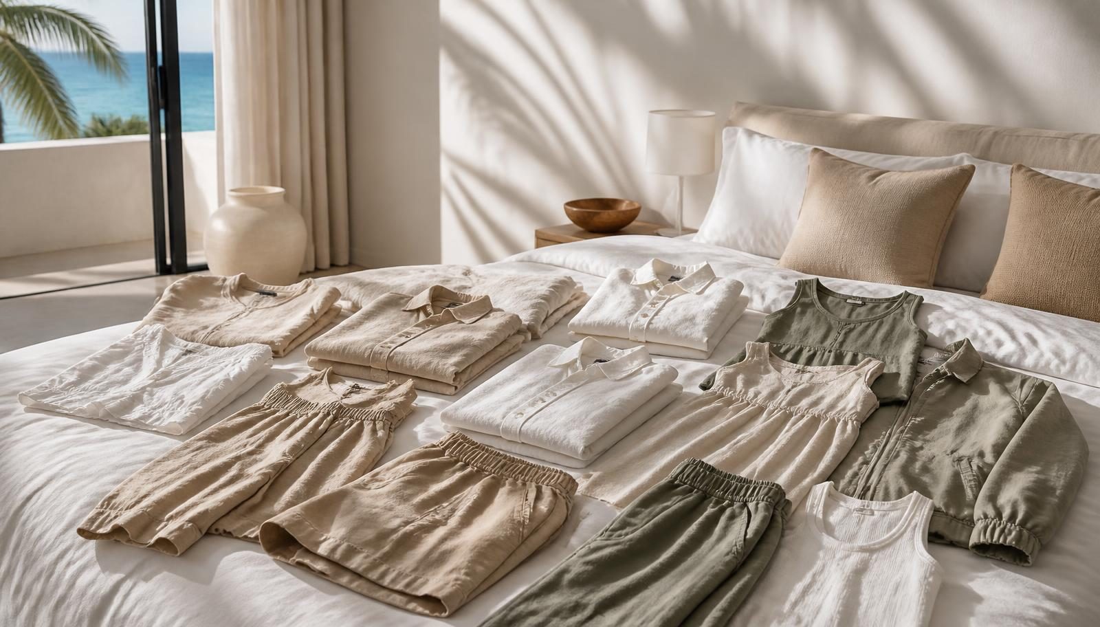 Lightweight linen shirts, breezy dresses, tank tops, shorts and trousers folded on a bed in a sunlit Cancun resort room