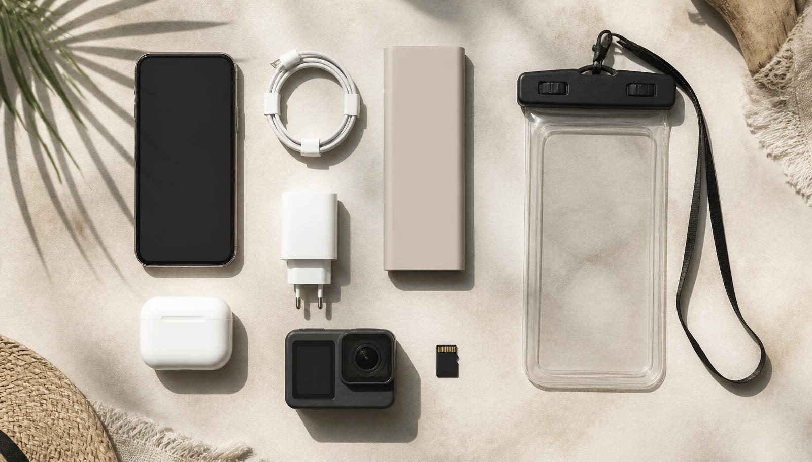 Flat lay of travel electronics for Cancun: smartphone, charging cable and wall plug, portable battery bank, waterproof phone pouch, action camera, memory card and earbuds