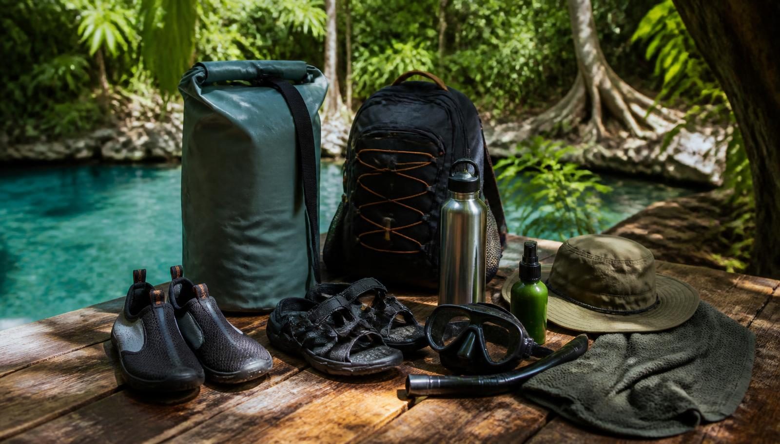 Excursion gear on a wooden deck by a cenote: rolltop dry bag, water shoes, sport sandals, daypack, reusable water bottle, snorkel mask, insect repellent, sun hat and quick-dry towel