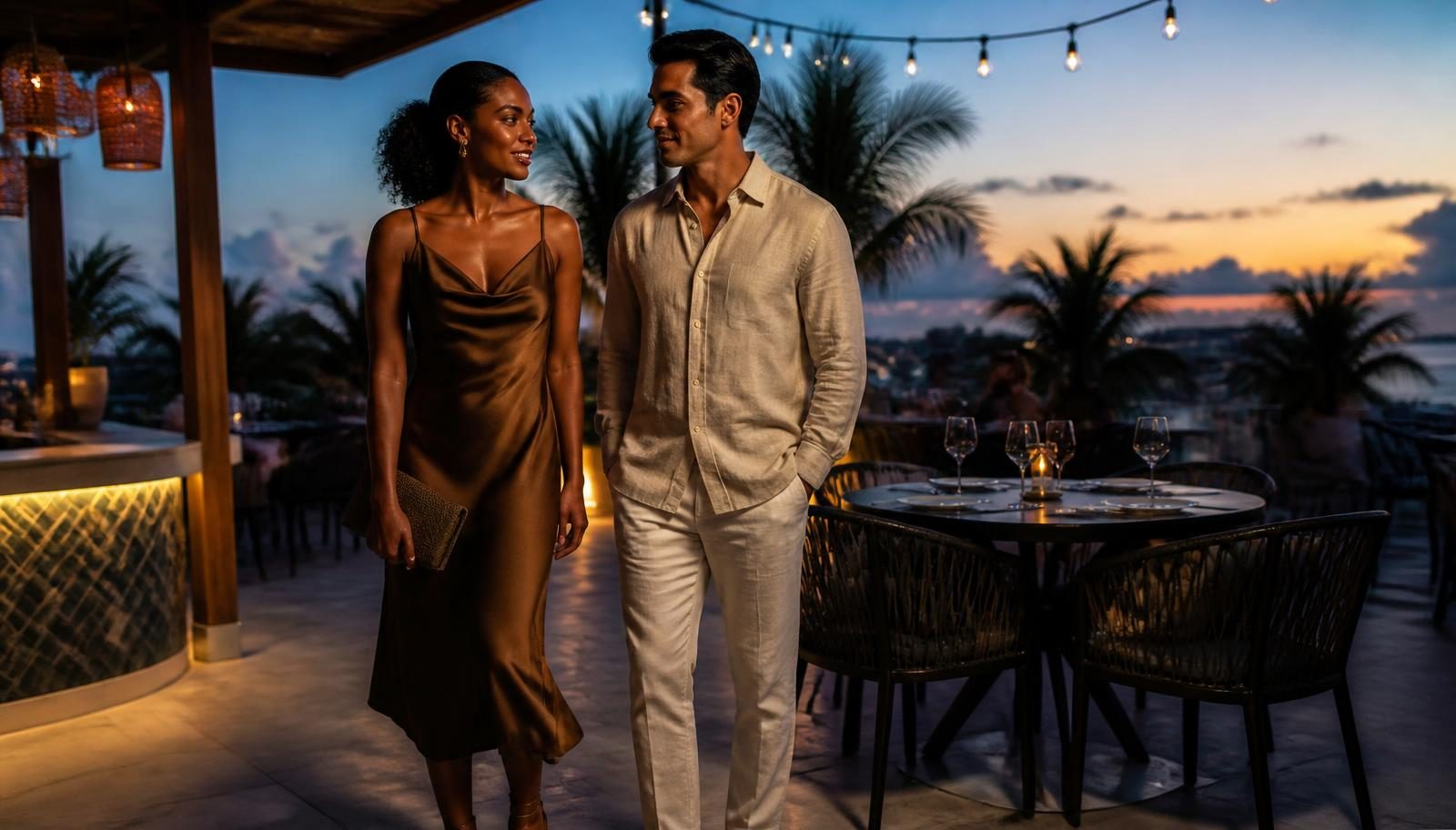 Two well-dressed adult travelers in a slip dress and linen shirt heading to dinner on an upscale Cancun rooftop terrace at sunset