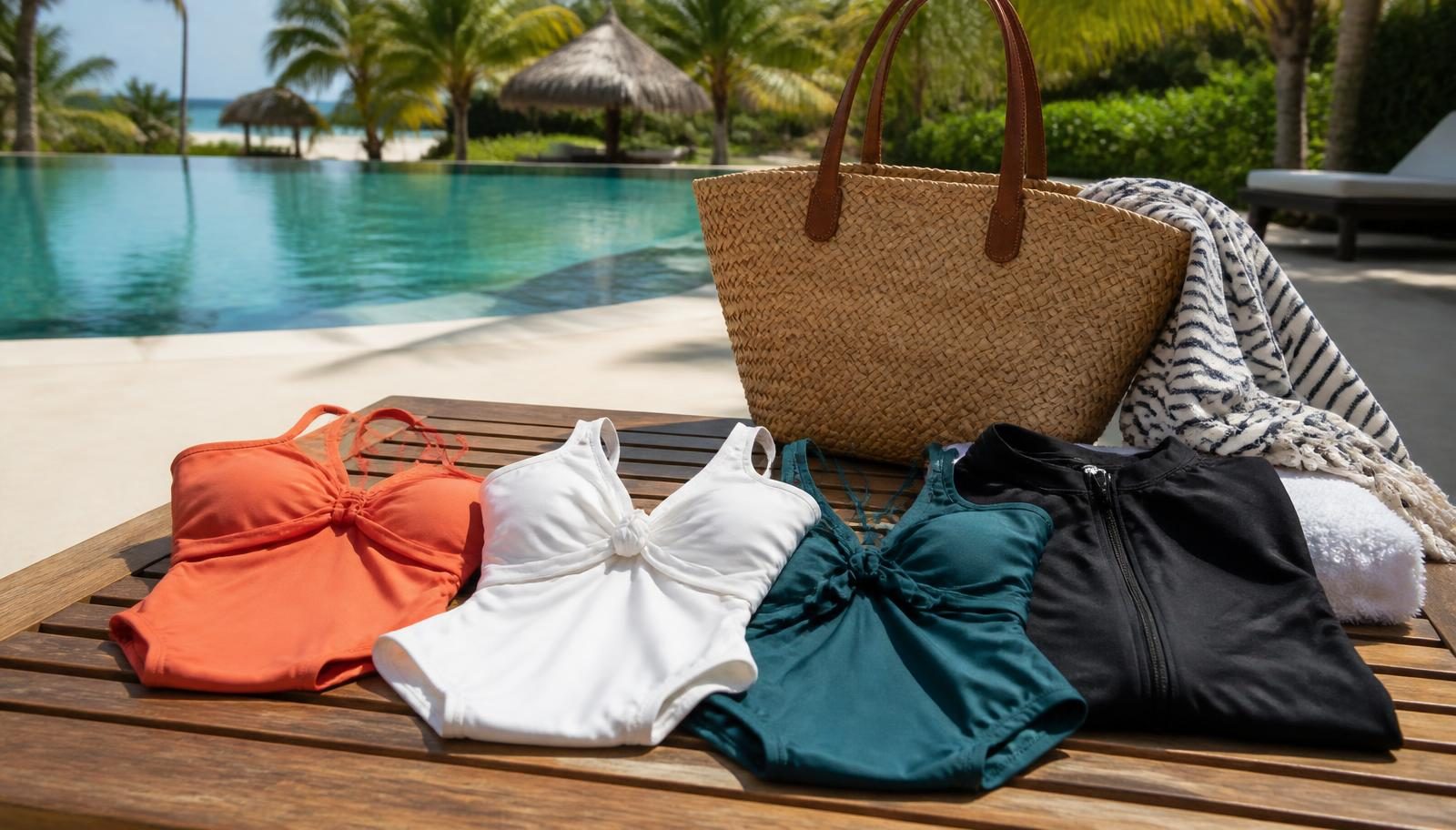 Four folded swimsuits and a rash guard on a teak table with a straw beach bag and striped cover-up beside a turquoise resort pool