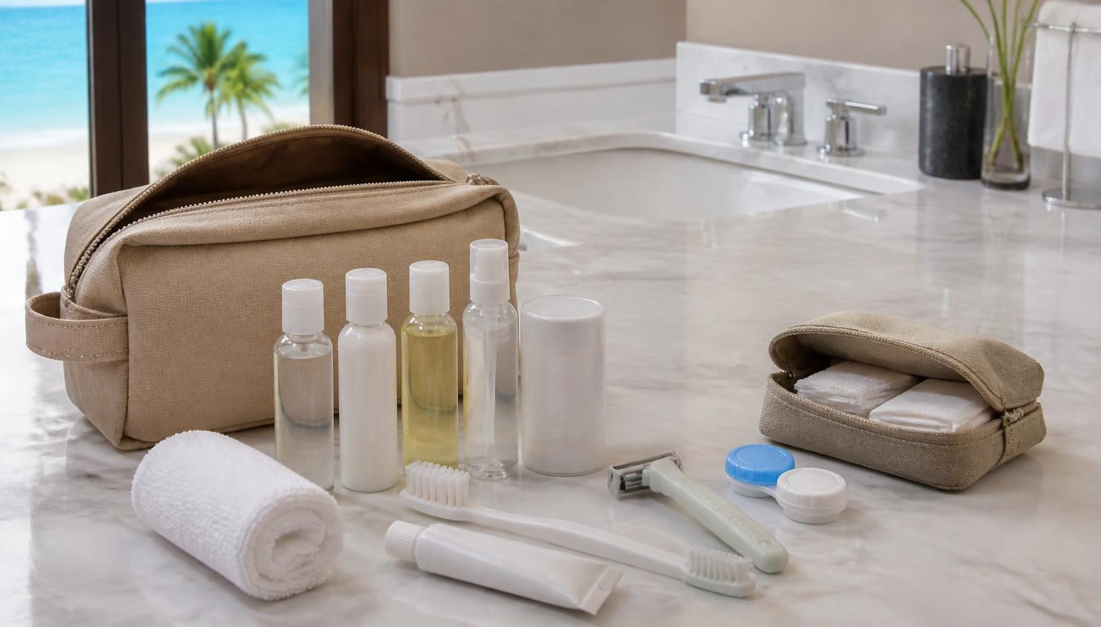 Travel-size toiletry bottles, toothbrush, deodorant, razor, contact lens case and a small first aid pouch beside an open canvas dopp kit on a Cancun resort bathroom counter