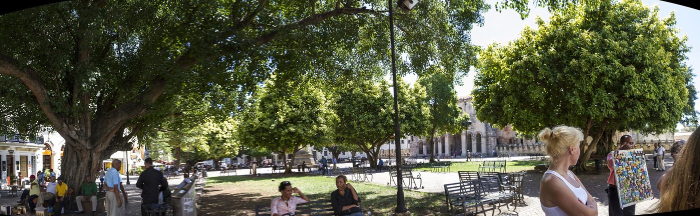 Shaded colonial square in Santo Domingo's Zona Colonial with the cathedral in the background