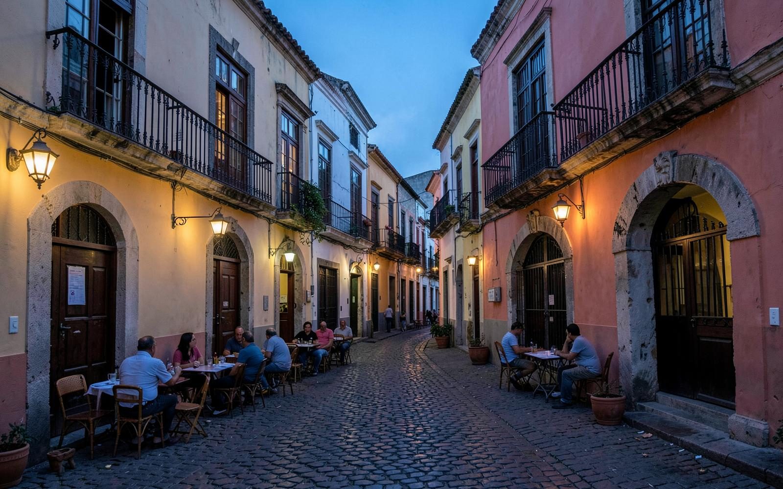 Colonial Zone street in Santo Domingo with historic pastel buildings and outdoor cafe tables