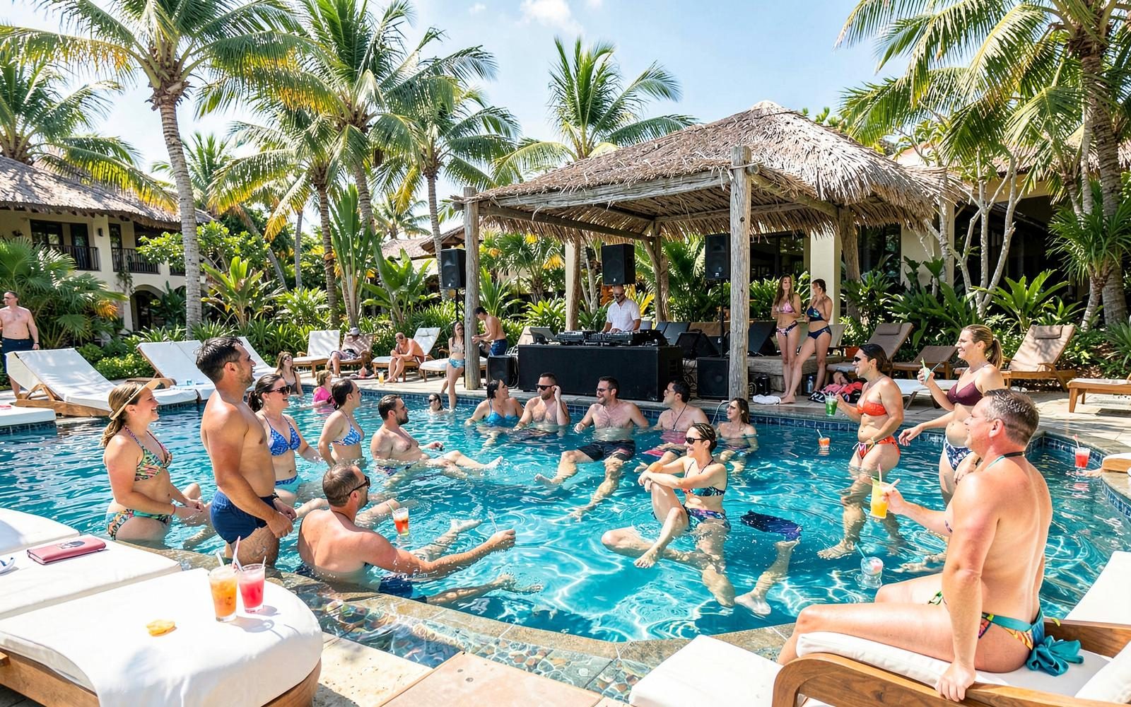 Adult travelers at a Punta Cana resort pool party with a DJ and poolside daybeds