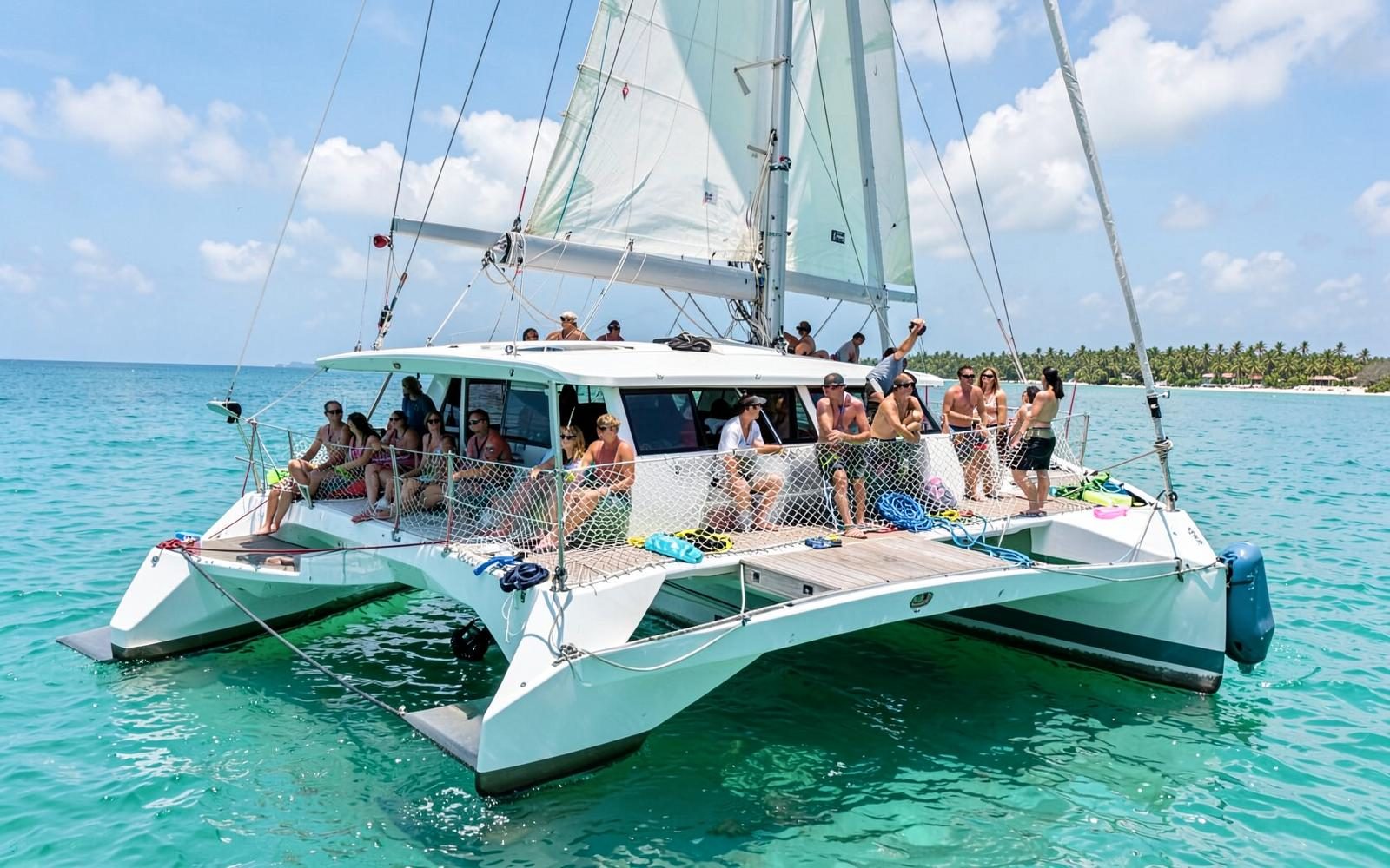 Catamaran excursion sailing on calm turquoise water off the Punta Cana coast