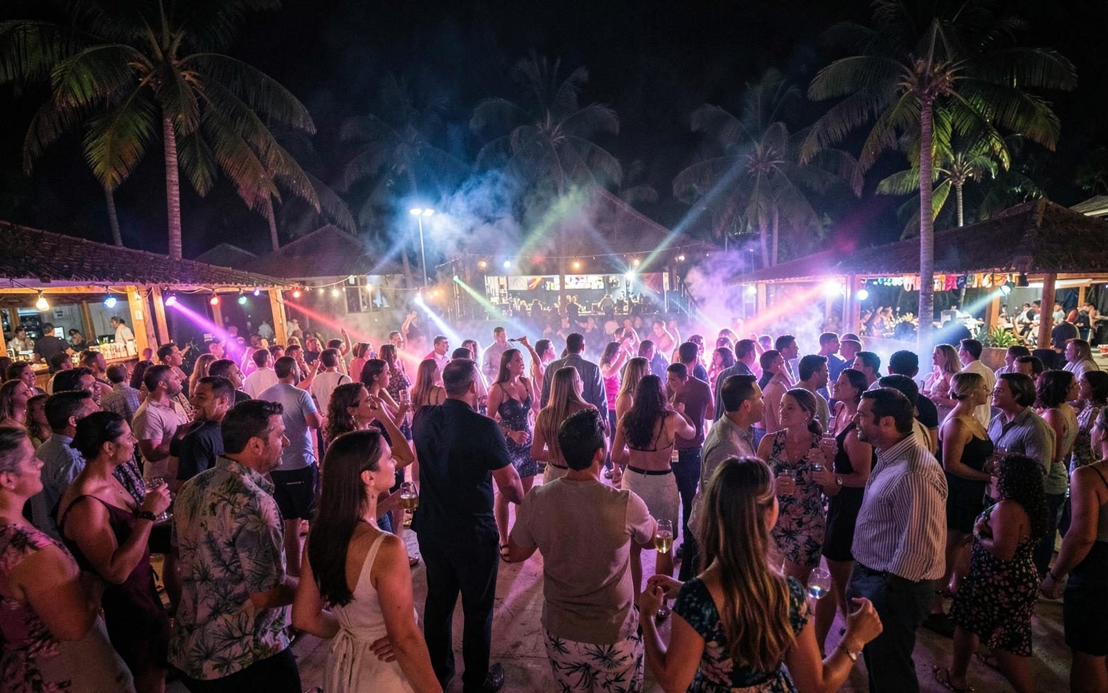 Adult crowd dancing at an open-air Punta Cana nightlife venue under stage lighting