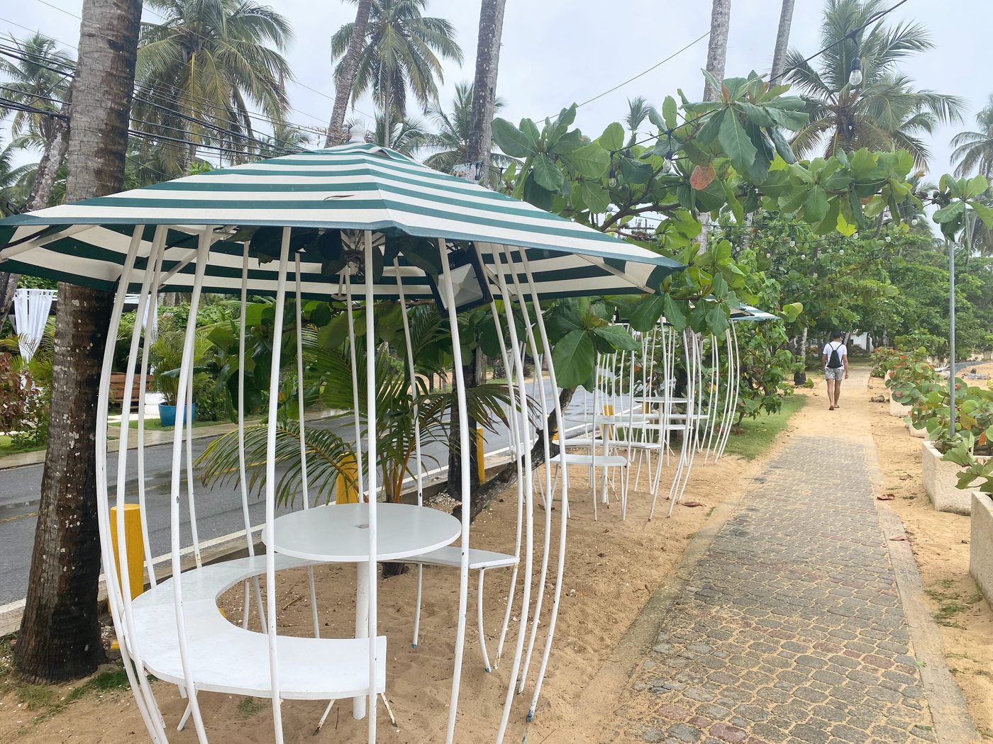 Friends dining together at an outdoor beachfront restaurant in the evening