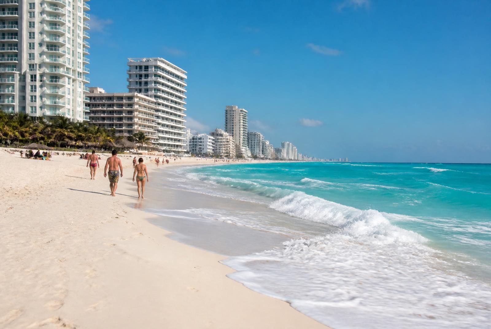 Cancun Hotel Zone beach in Mexico with turquoise water, breaking surf and high-rise resorts along a narrow white sand strip