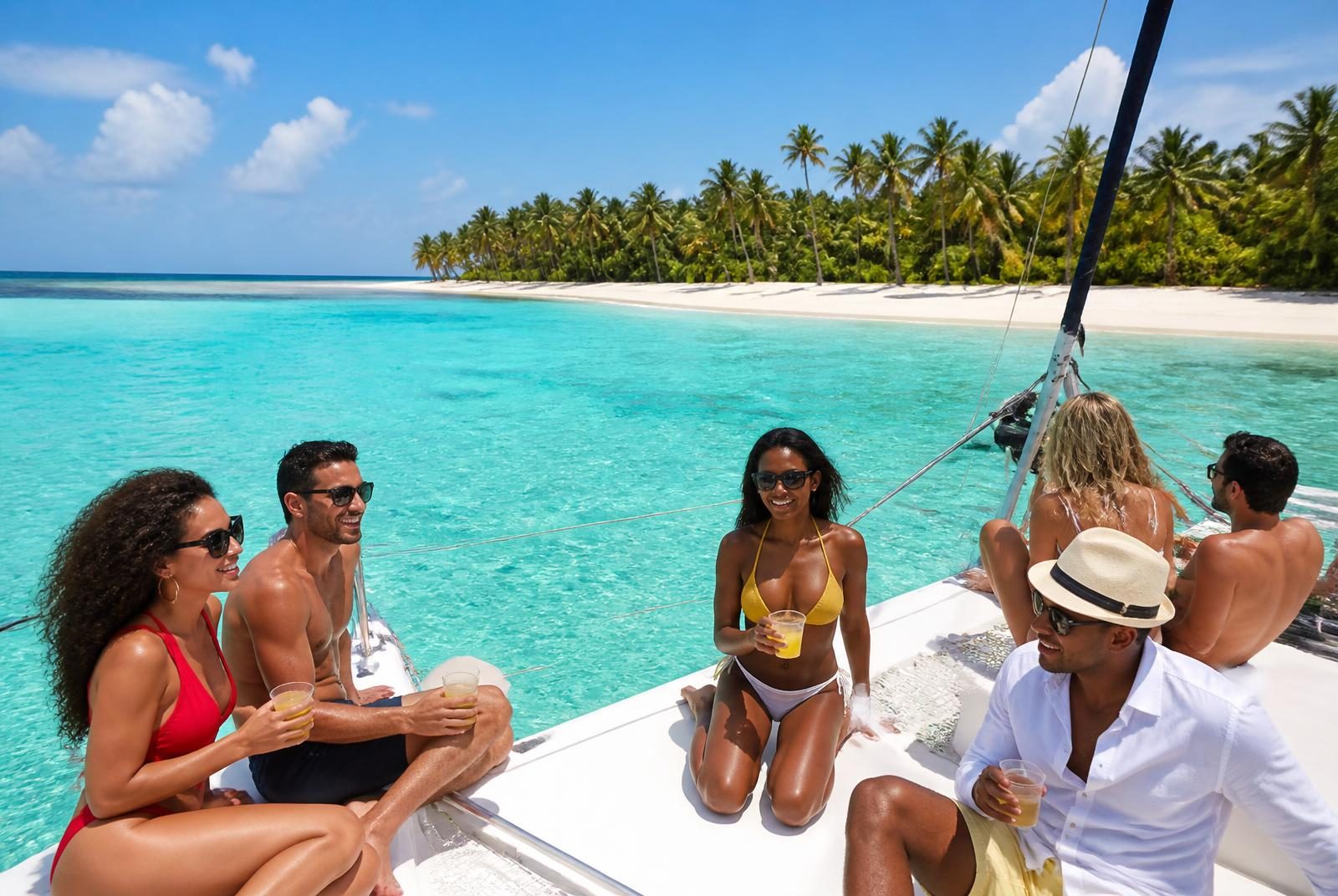 Punta Cana excursion in the Dominican Republic: adult friends on a catamaran party boat anchored off Saona Island in turquoise water