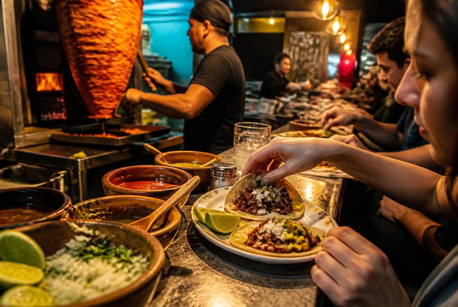 Cancun food scene in Mexico: street tacos al pastor and salsas at a busy downtown taqueria counter