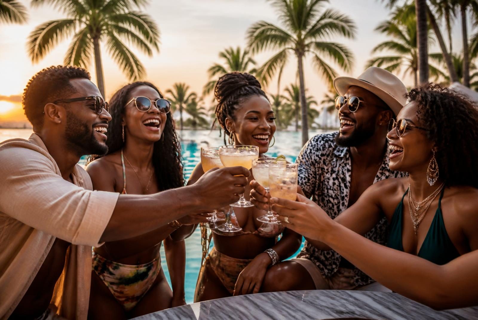 Punta Cana vs Cancun Caribbean vacation comparison for group trips: diverse adult friends toasting cocktails at a tropical resort pool bar at sunset