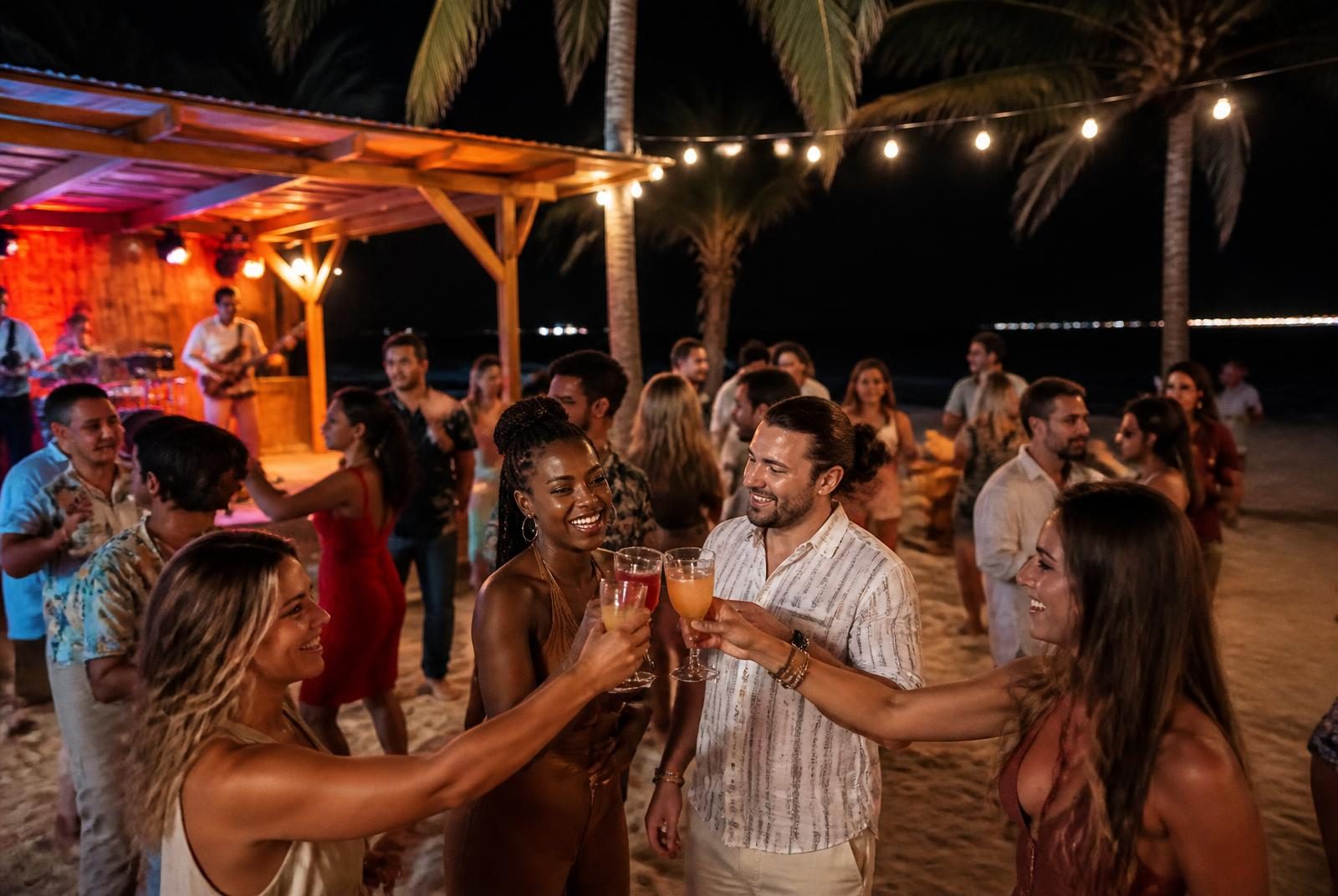 Punta Cana nightlife at an open-air Caribbean beach club, with adult friends toasting cocktails under string lights