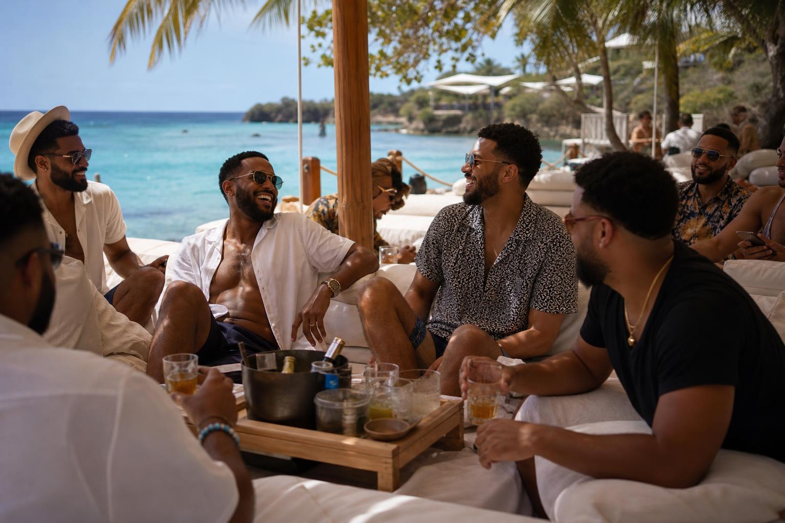 Friends relaxing with drinks on daybeds at a tropical beach club