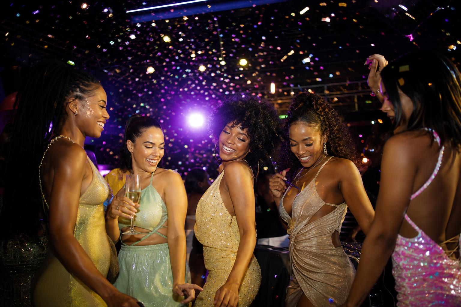 Friends dancing together at an upscale tropical nightclub