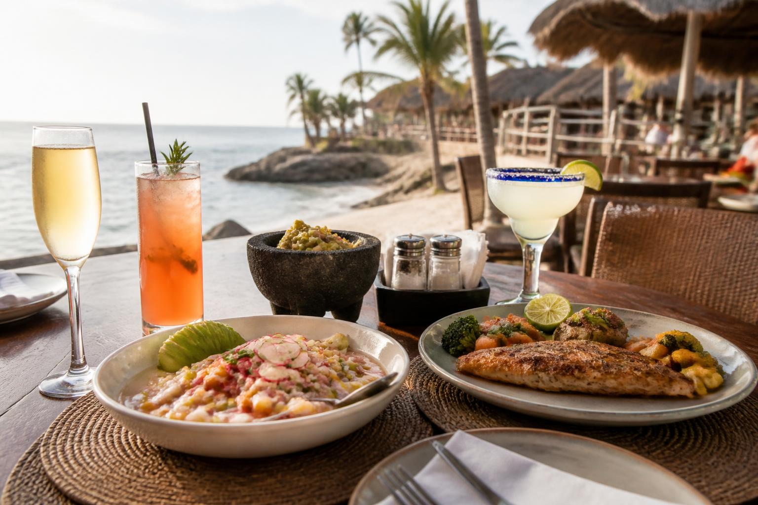 Fresh seafood and margaritas at a beachfront restaurant table