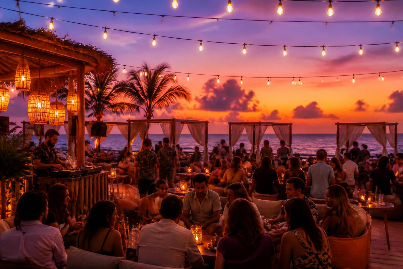Beach club at sunset with string lights and a DJ