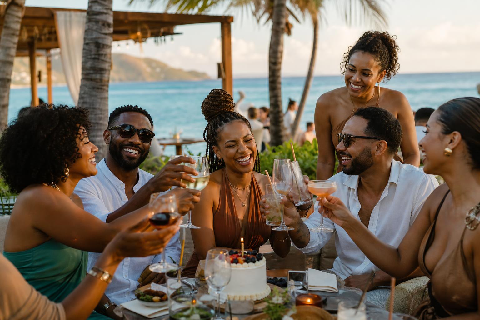 Friends toasting a birthday celebration at a tropical beach club