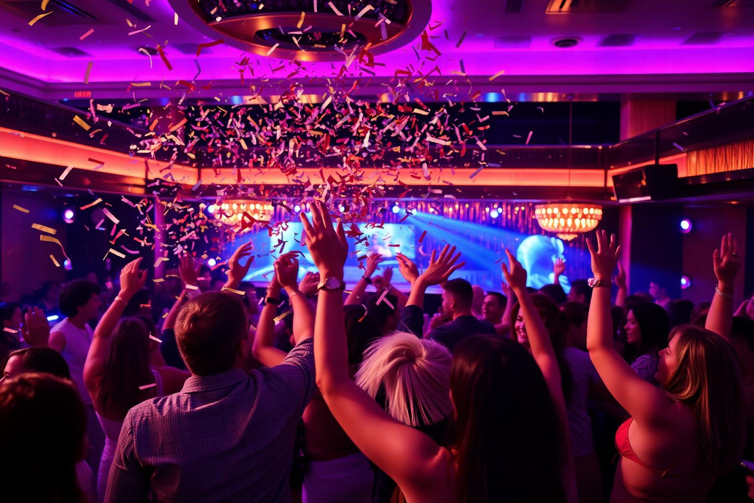 Confetti falling over a dancing nightclub crowd