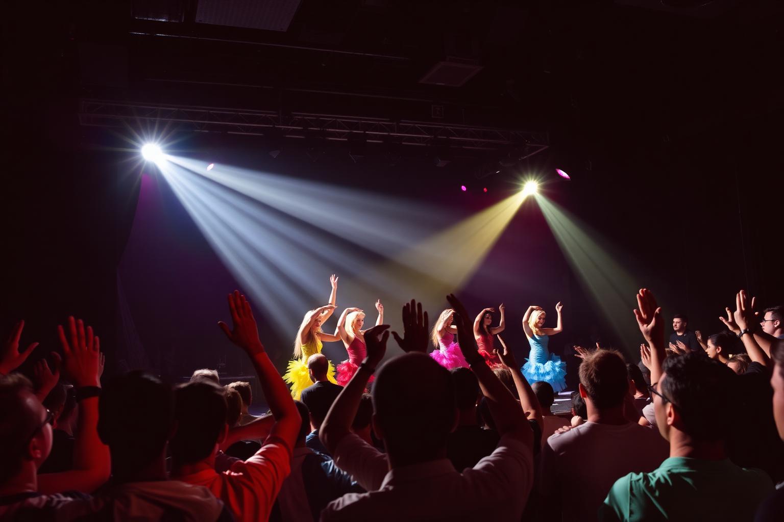 Dancers performing on a nightclub stage under spotlights