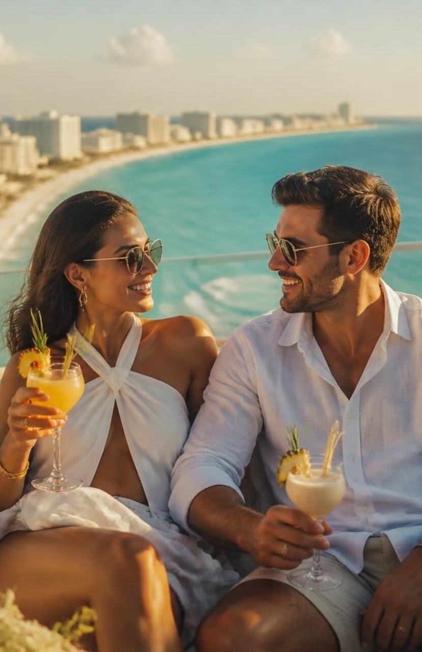 Couple enjoying cocktails on a luxury rooftop overlooking the Cancun hotel zone